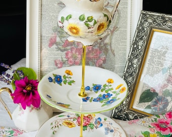 Whimsical Mini Tiered Dessert Stand with English Bone China Plate, Saucer, and Creamer, Cookies, Chocolate or Candy Serving Tray