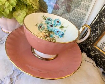 Elegant Vintage English Tea Set with Pink Aynsley Tea Cup, Saucer, and Gold-Trimmed Oban Shape, Blue Floral Print and Gold Ribbon Detailing