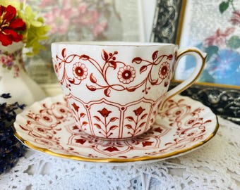 Royal Crown Derby Rougemont Teacup and Saucer, Vintage English Tea Set