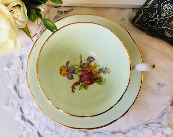 Mint Green and Tulip Flroal Teacup and Saucer, Royal Stafford, Pink Roses and Multi Colored Floral Bouquet, Vintage English Tea Set