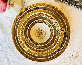 Winterling Bavaria Teacup, Saucer, Plate, Grey and Gold Checkered Art Deco Pattern and Sunflower, Vintage Porcelain, Gift for Her