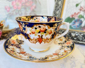 Antique Royal Albert Crown China Teacup and Saucer Imari Pattern Cobalt Blue, Orange, Gold Tea cup and Saucer Vintage Gift