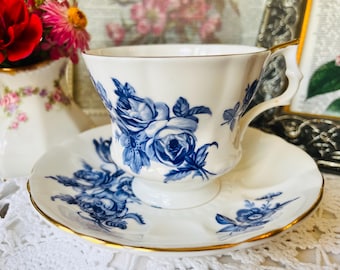 Blue Rose Teacup and Saucer: Elizabethan Windsor Bone China, Gold Trim