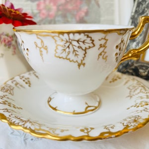 Royal Crown Derby Embossed Gold Teacup and Saucer with Grape Vines, Vintage English Tea Set