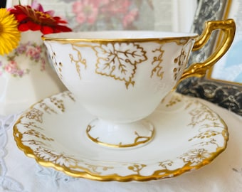 Royal Crown Derby Embossed Gold Teacup and Saucer with Grape Vines, Vintage English Tea Set, Winelover Gift Idea, Tea Drinker Gift