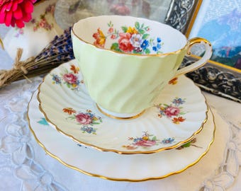 Teacup, Saucer and Plate By Aynsley and Minton, Mint Green and Floral Tea Set, Vintage English China, Christmas Gift, Tea Drinker Gift
