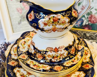 Royal Albert Crown China Cake Plate and Matching Dessert Plates in Cobalt Blue, Orange, and Gold, Matching Sugar Bowl and Creamer