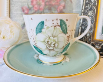 Susie Cooper Gardenia Teacup and Saucer in Green and White Painted Floral, Vintage English Tea Set, Mother's Day Gift, Tea Drinker Gift