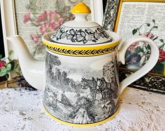 Villeroy & Boch 1748 Audun Ferme Teapot in Yellow with Black and White Country Scene, Porcelain Vintage Home Gift