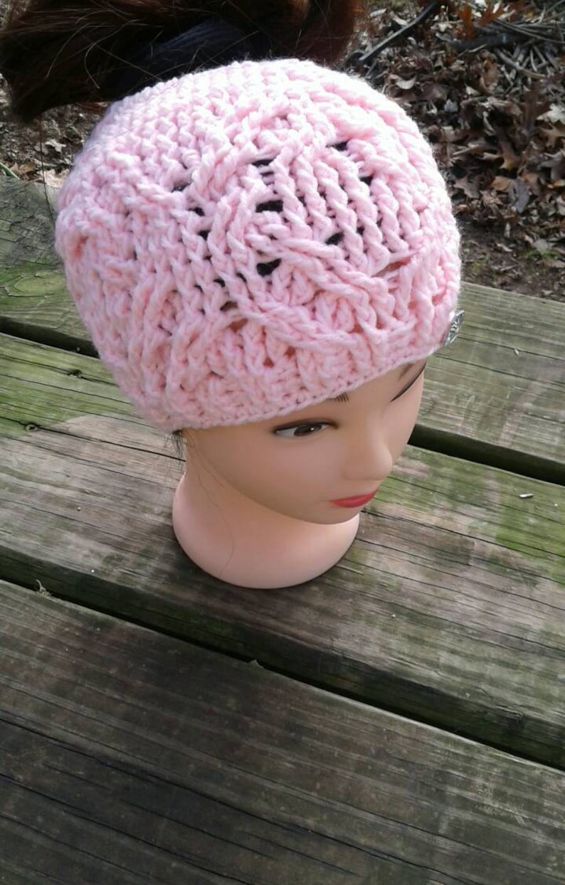 Messy bun crocheted hat Messy bun ponytail hats Ladies Crochet Hats .Messy bun hat Hugs and Diamonds Pink Messy Bun Hat .Crochet Hats
