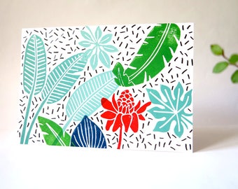 Handprinted greeting card of tropical jungle & monstera leaves