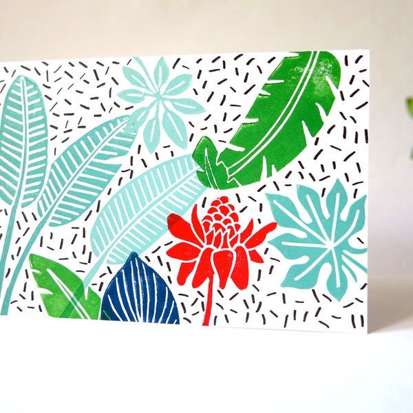 Carte double jungle tropicale et monstera imprimée au tampon