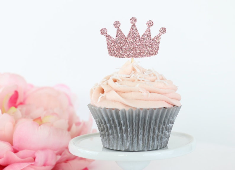 Pink and Gold Glitter Crown/Tiara Cupcake Toppers Set of Pink and Gold Glitter Crown/Tiara Cupcake Toppers Set of