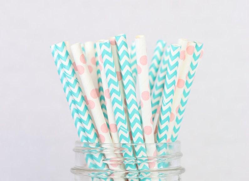 Wedding Party Decor Mint Coral Paper Straws Corals and Mints Baby Bridal Showers Mason Jar Buffet Coral Dot Mint Chevron Paper Straws