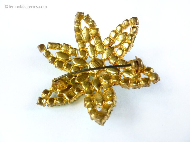 Signed Jewelry 1950s Flower Floral Vintage Austria Green Rhinestone Brooch Pin Evening Goldtone
