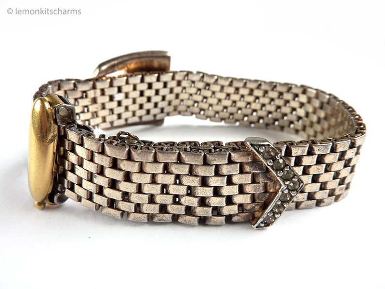 Mid-century Art Deco Vintage 1940s Sterling Buckle Bracelet Gold Mesh Chain Silver Vermeil Rhinestone Jewelry