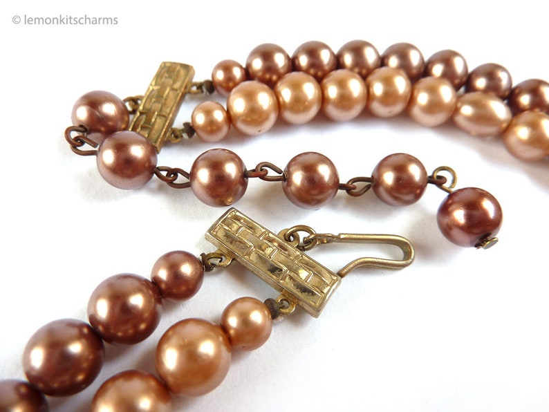 1950s 50s Mid-century Screw-back Beaded Choker Vintage Brown Faux Pearl Set Necklace Earrings Demi Jewelry