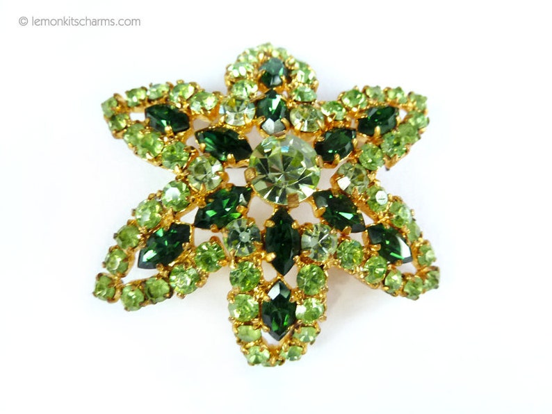 Signed Jewelry 1950s Flower Floral Vintage Austria Green Rhinestone Brooch Pin Evening Goldtone