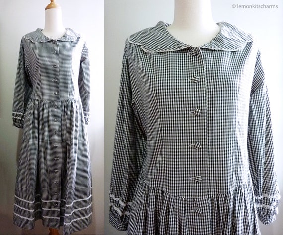 Vintage Black Gingham Prairie Dress, 1970s 1980s,