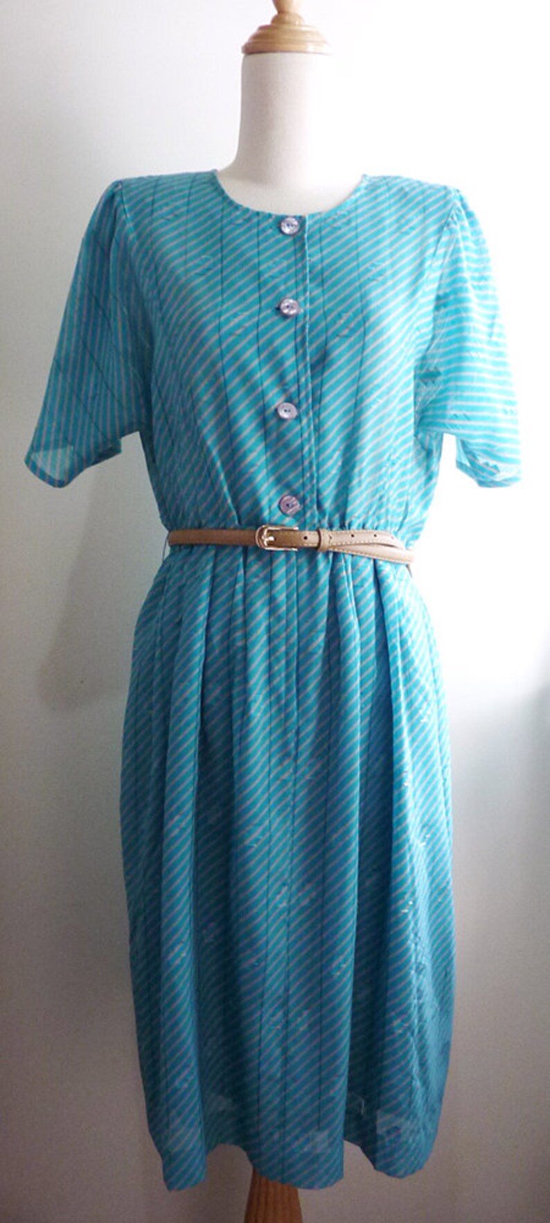80s Japanese clothing Turquoise Casual Short Sleeved Geometric Summer Vintage 1980s Aqua Green Striped Dress Size S M