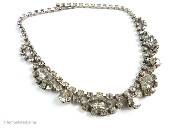 Vintage 1950s Clear Rhinestone Choker Necklace, Mi