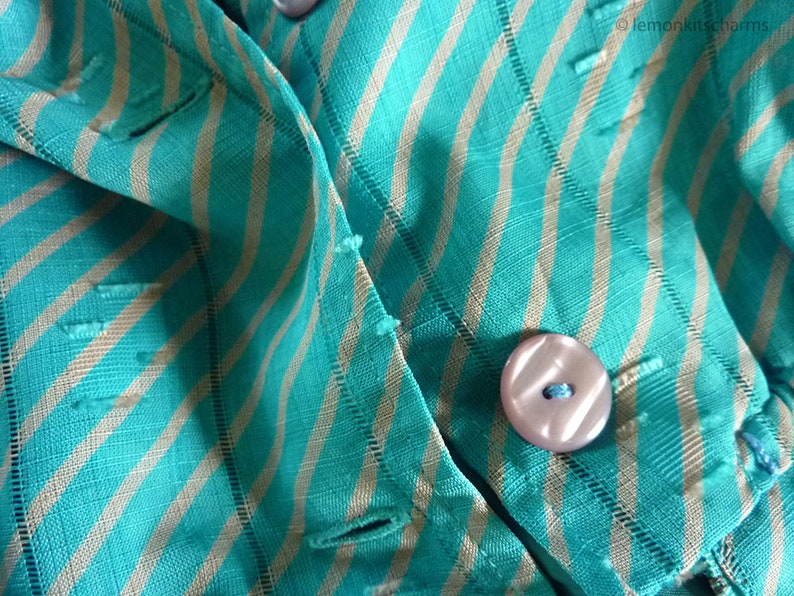 80s Japanese clothing Turquoise Casual Short Sleeved Geometric Summer Vintage 1980s Aqua Green Striped Dress Size S M