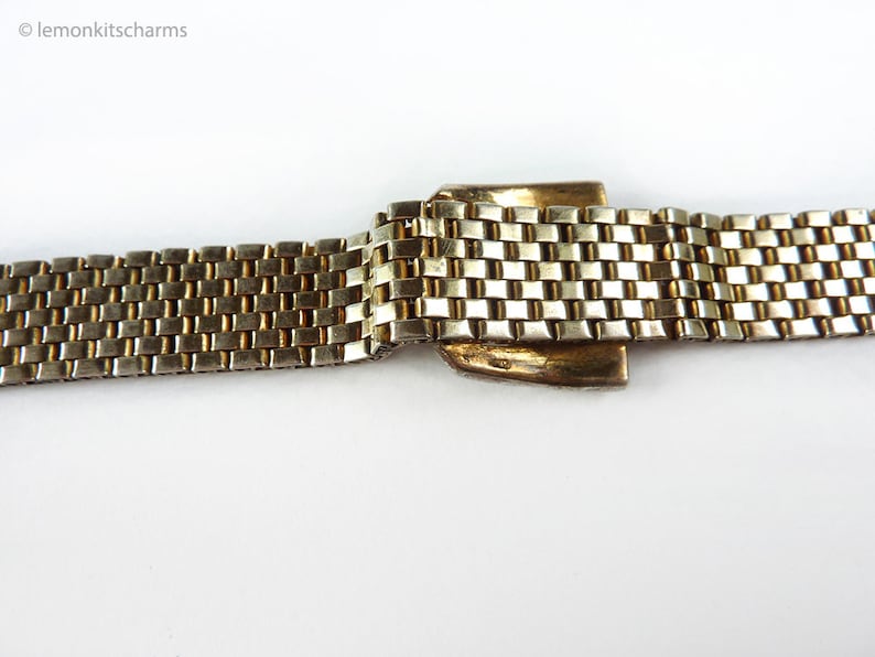 Mid-century Art Deco Vintage 1940s Sterling Buckle Bracelet Gold Mesh Chain Silver Vermeil Rhinestone Jewelry