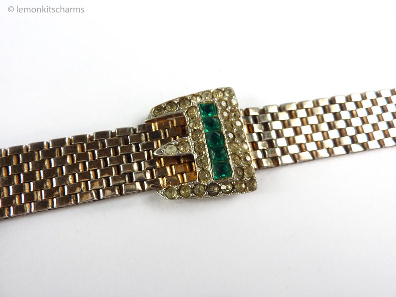 Mid-century Art Deco Vintage 1940s Sterling Buckle Bracelet Gold Mesh Chain Silver Vermeil Rhinestone Jewelry