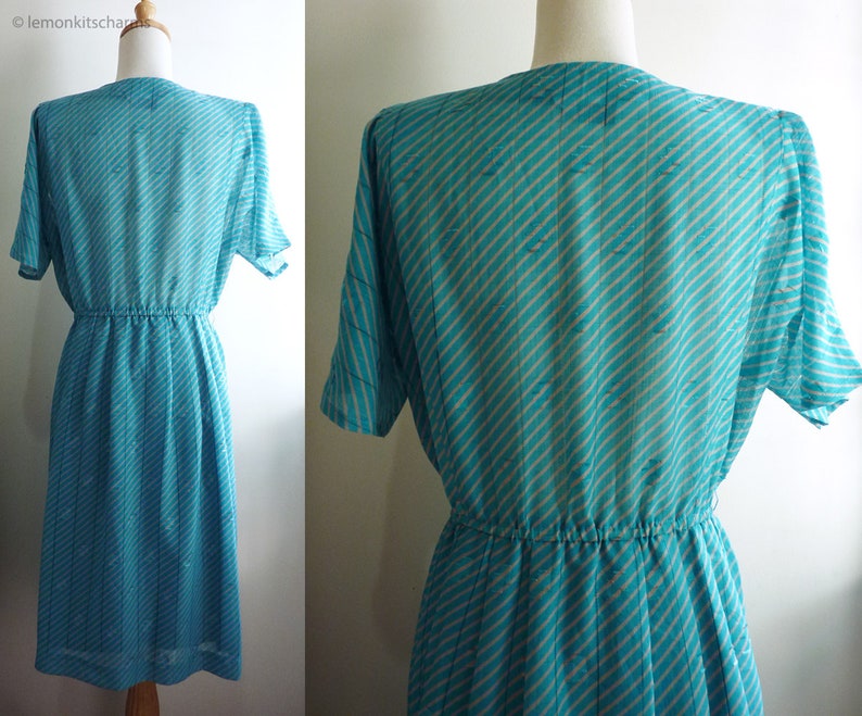 80s Japanese clothing Turquoise Casual Short Sleeved Geometric Summer Vintage 1980s Aqua Green Striped Dress Size S M