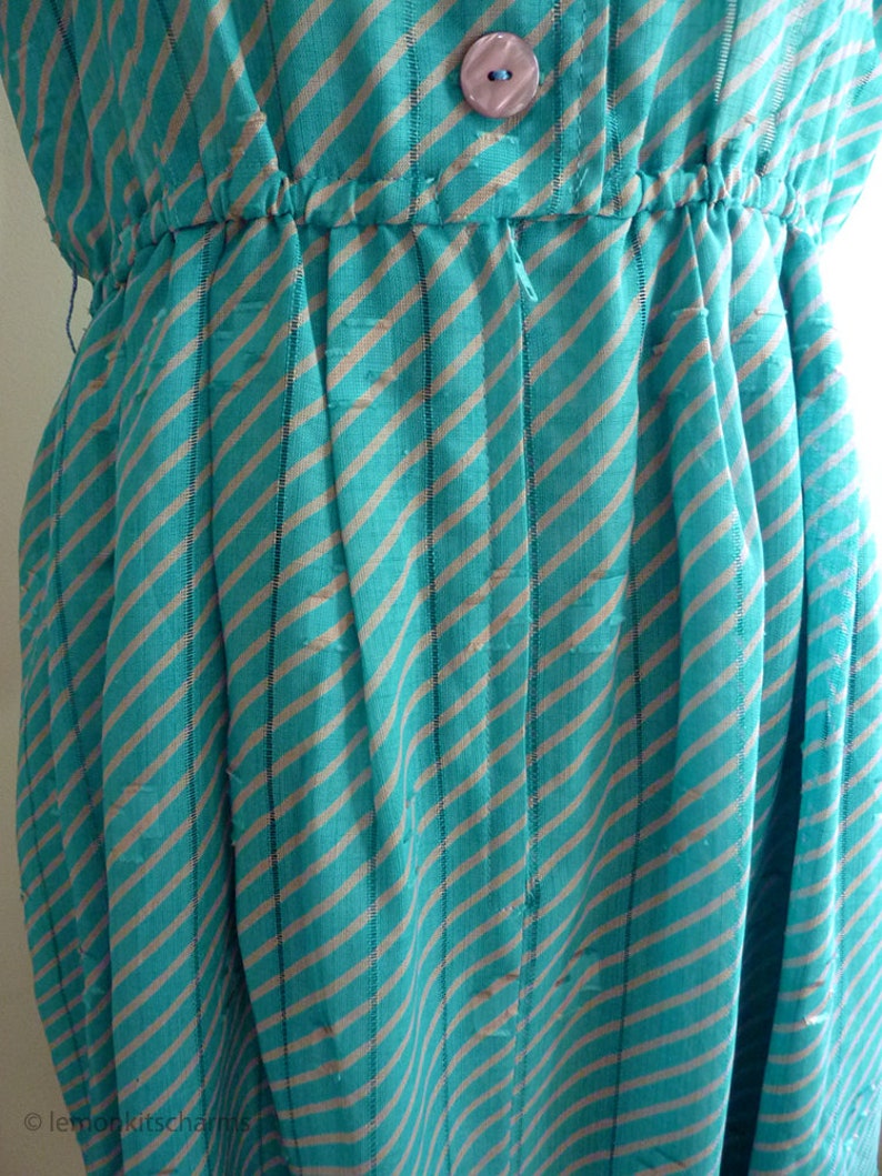 80s Japanese clothing Turquoise Casual Short Sleeved Geometric Summer Vintage 1980s Aqua Green Striped Dress Size S M