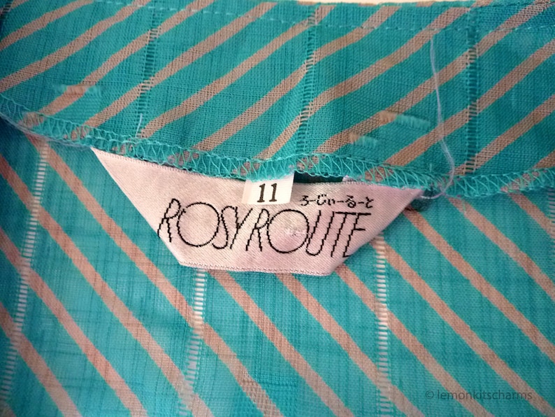80s Japanese clothing Turquoise Casual Short Sleeved Geometric Summer Vintage 1980s Aqua Green Striped Dress Size S M