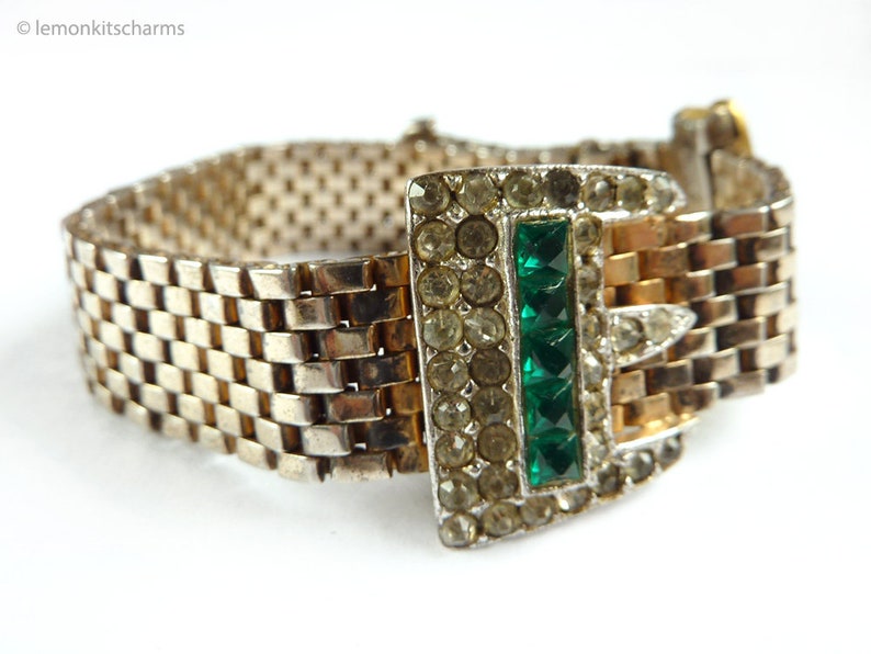 Mid-century Art Deco Vintage 1940s Sterling Buckle Bracelet Gold Mesh Chain Silver Vermeil Rhinestone Jewelry
