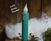 Set of TWO (2) Winter, quot Snowy quot Vintage Green 7 inch LED Wax Dipped Taper Candles with Timer, Battery Operated Candles, Country Primitive