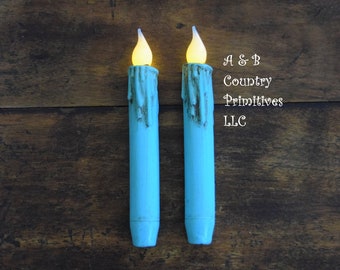 Set of (2) Two Grungy Distressed Turquoise 7 inch LED Wax Dipped Taper Candles with Timer, Battery Operated Candles, Country Home Decor