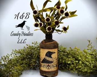 Madame Crow Primitive Grubby Bottle Floral Arrangement, Country Primitive Farmhouse Home Decor, Crow Collection
