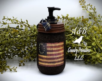 Grubby Americana Hand Soap Dispenser, Mason Jar Soap Pump & Betsy Ross American Flag, Country Primitive Bathroom Soap Dispenser