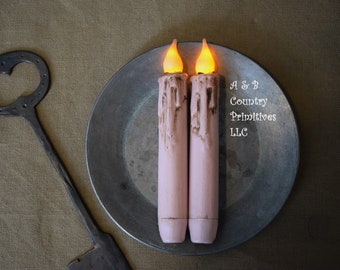 Set of (2) Two Grungy Pink 7 inch LED Wax Dipped Taper Candles with Timer, Battery Operated Candles, Rustic Country Primitive Home Decor