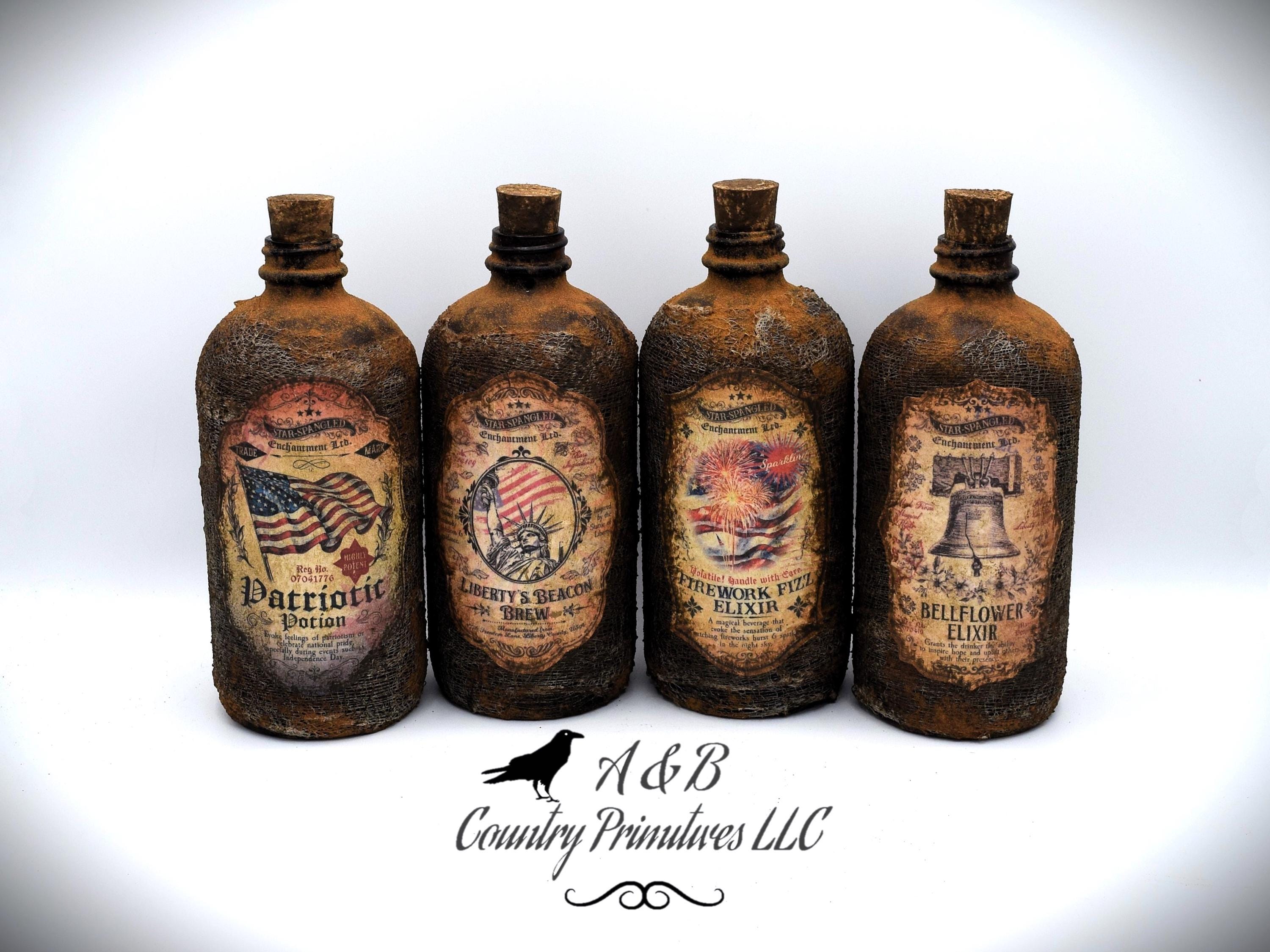 Apothecary Fourth of July Themed Potion Bottles, American Patriotic Decor, Primitive Aged Apothecary Bottles, Country Primitive Decor