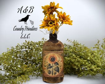 Primitive Sunflower Grubby Bottle Arrangement, Country Primitive Farmhouse Home Decor, Cottagecore, Summer Floral, Fall Floral