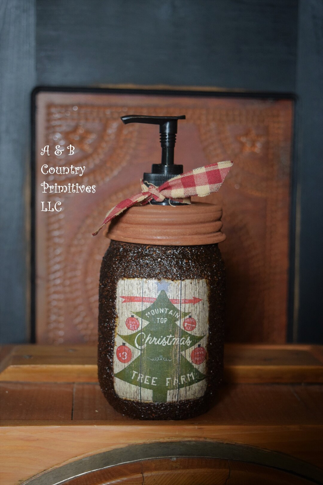 Mountaintop Christmas Tree Farm Mason Jar Hand Soap Dispenser, Grubby