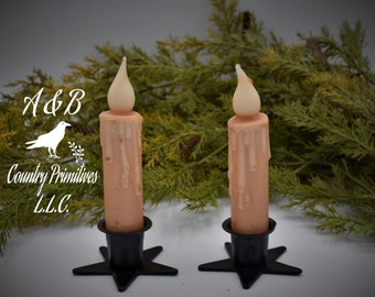 Set of (2) Two Grungy Cream 4 inch LED Wax Dipped Battery Operated Flameless Timer Taper Candles, Country Primitive Home Decor and Crafting