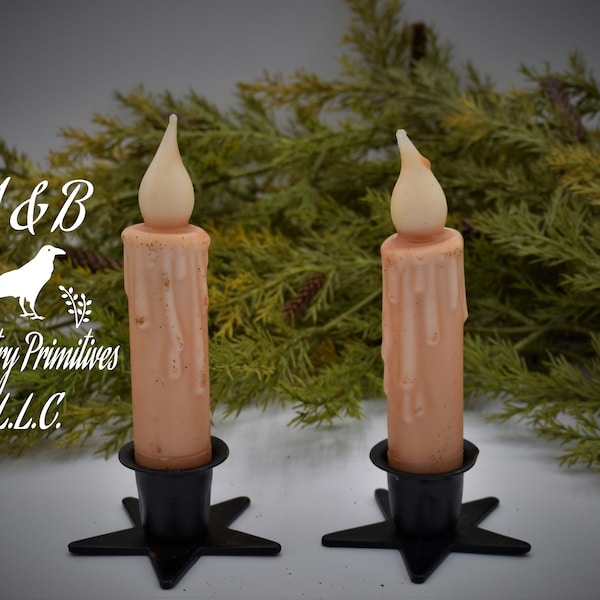 Set of (2) Two Grungy Cream 4 inch LED Wax Dipped Battery Operated Flameless Timer Taper Candles, Country Primitive Home Decor and Crafting