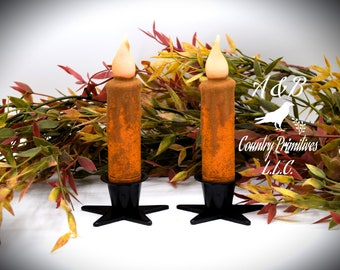 Set of (2) Two Harvest Orange Grungy 4 inch LED Wax Dipped Battery Operated Flameless Timer Taper Candles, Country Primitive Home Decor