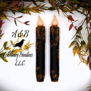 Set of (2) Two Black Grungy 7 inch LED Wax Dipped Taper Candles with Timer, Battery Operated Flameless Candles, Country Primitive Home Decor