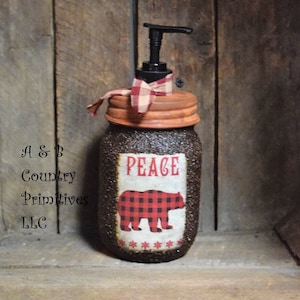 Buffalo Plaid Bear themed Hand Soap Dispenser, Grubby Mason Jar with Soap Pump, Rustic Cabin Christmas Decor, Rustic &quot;Bear&quot; themed Bathroom