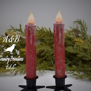 Set of TWO (2) Winter "Snowy" Red 7 inch LED Wax Dipped Taper Candles with Timer, Battery Operated Flameless Candles, Valentine's Day