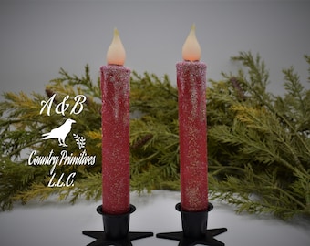 Set of TWO (2) Winter "Snowy" Red 7 inch LED Wax Dipped Taper Candles with Timer, Battery Operated Flameless Candles, Valentine's Day