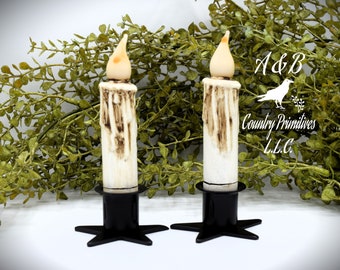 Set of (2) Two Grungy Off-White Cream (4 inch) LED Wax Dipped Battery Operated Flameless Timer Taper Candles, Country Primitive Home Decor