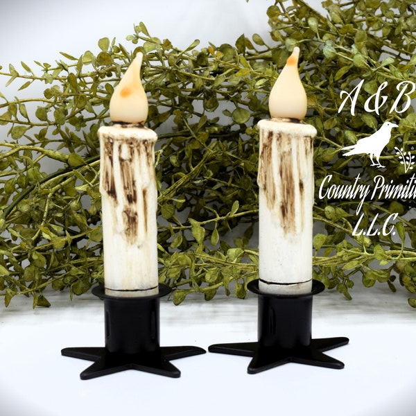 Set of (2) Two Grungy Off-White Cream (4 inch) LED Wax Dipped Battery Operated Flameless Timer Taper Candles, Country Primitive Home Decor