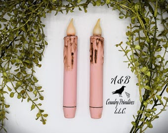 Set of (2) Two Grungy Pink 7 inch LED Wax Dipped Taper Candles with Timer, Battery Operated Candles, Rustic Country Primitive Home Decor